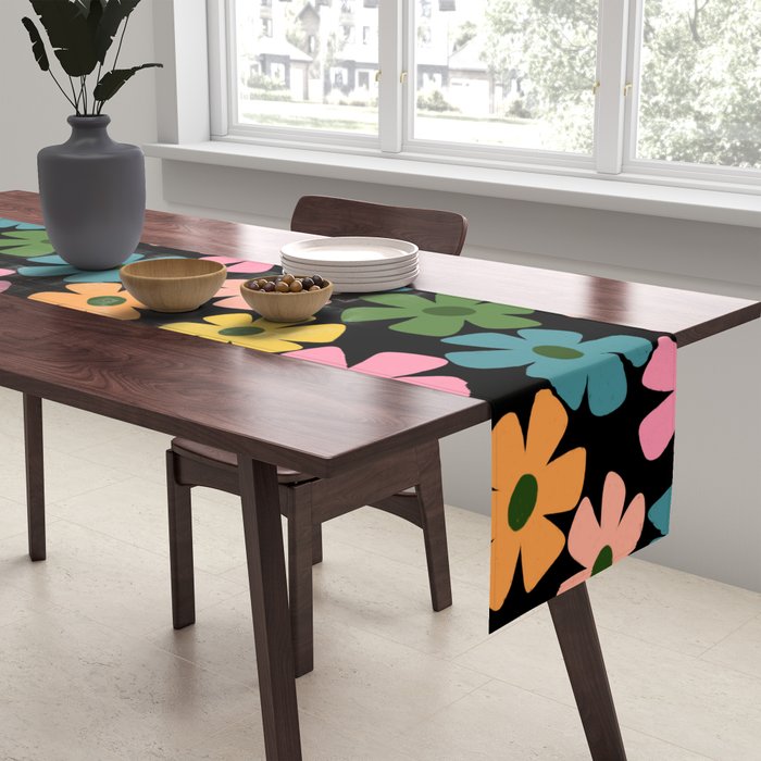 Retro Flower - Big Daisy Black background Table Runner Gallery Image 2