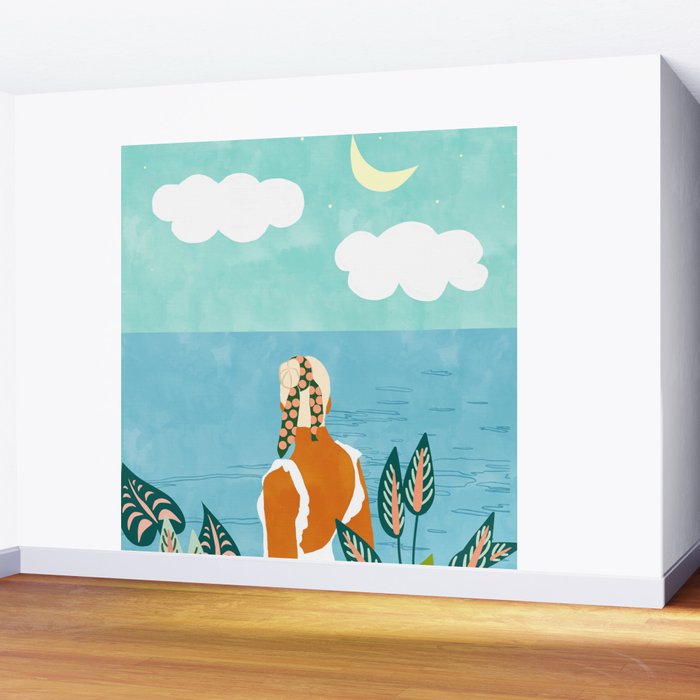 The Pursuit Of Happiness, Woman Ocean Travel Swim Illustration, Bohemian Fashion Tropical Wall Mural Gallery Image 2