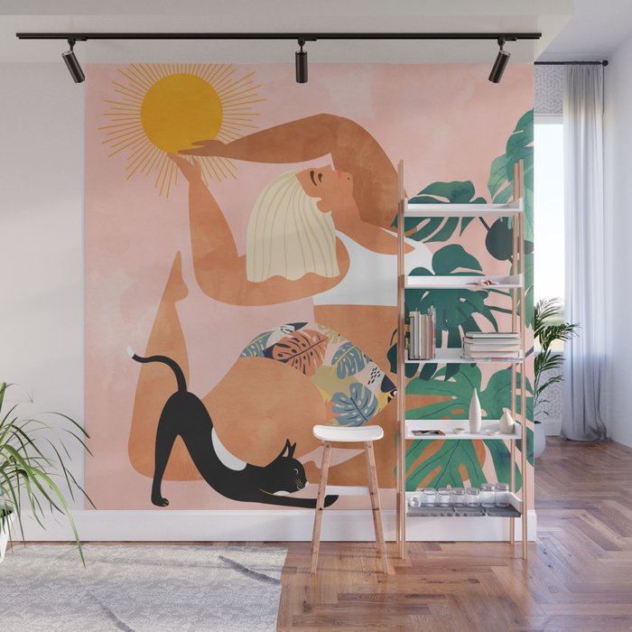 Tropical Yoga, Bohemian Woman Cat Pet Monstera Watercolor Painting, Blonde Quirky Illustration Wall Mural Gallery Image 1