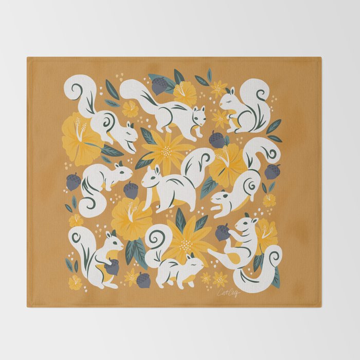 Squirrels & Blooms - Ochre Throw Blanket Gallery Image 2