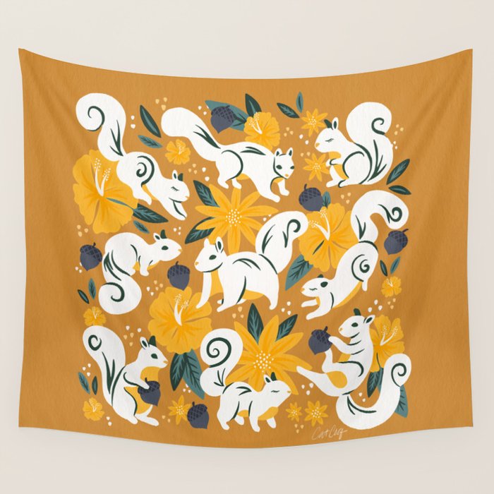 Squirrels & Blooms - Ochre Wall Tapestry Gallery Image 4
