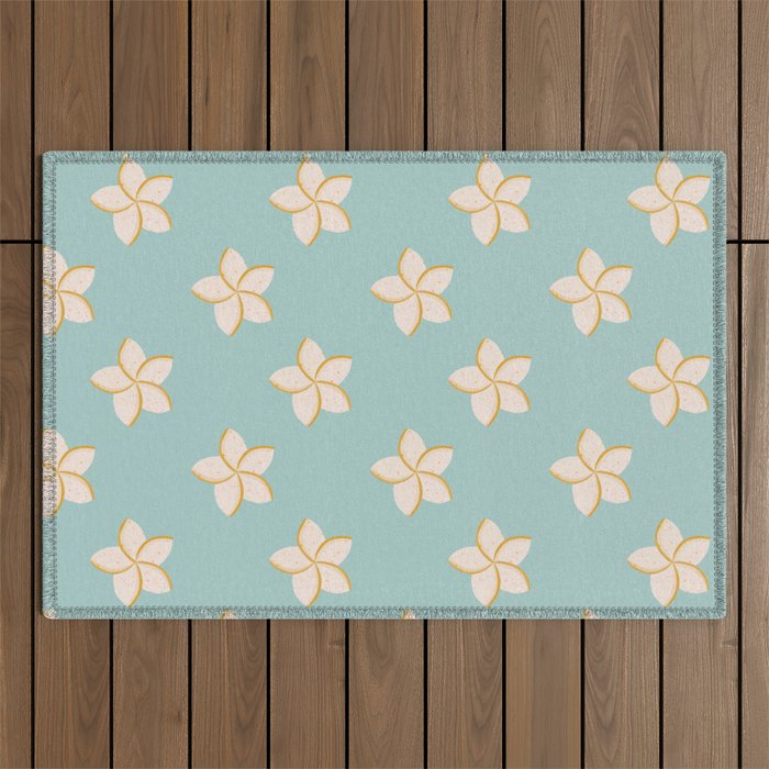 White and turquoise plumeria flowers pattern Outdoor Rug Gallery Image 1