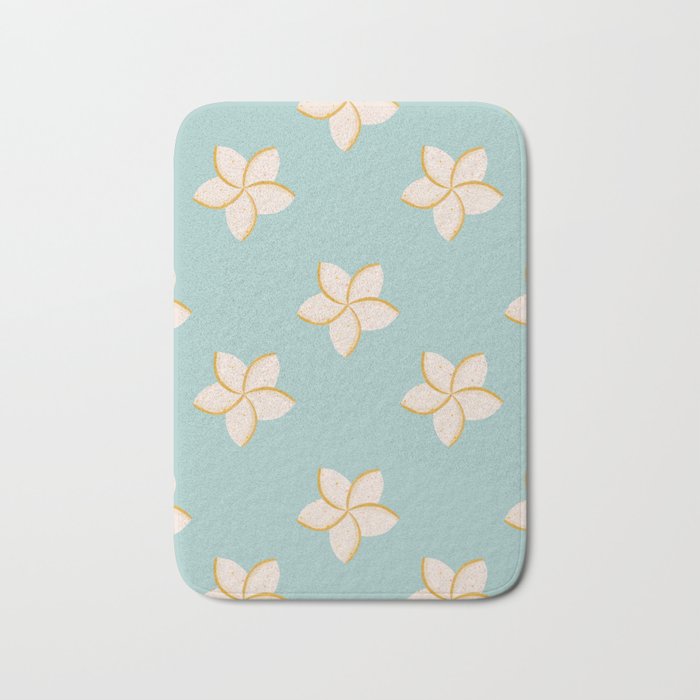 White and turquoise plumeria flowers pattern Bath Mat Gallery Image 1