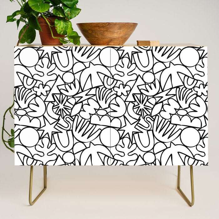 Black and white organic nature shape drawing pattern Credenza Gallery Image 1
