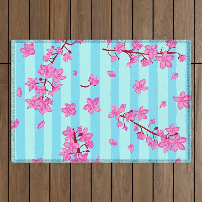 Blue Retro Stripes Sakura Floral Outdoor Rug Gallery Image 1