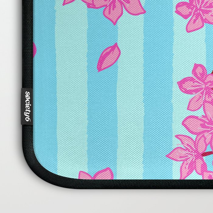 Blue Retro Stripes Sakura Floral Laptop Sleeve Gallery Image 3