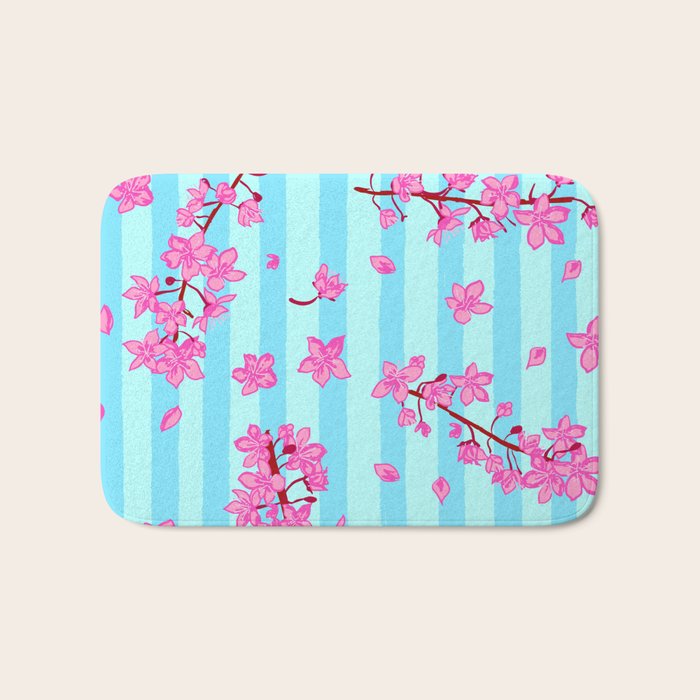 Blue Retro Stripes Sakura Floral Bath Mat Gallery Image 1