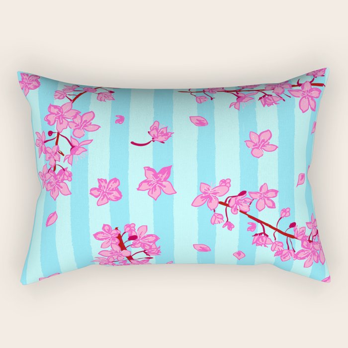 Blue Retro Stripes Sakura Floral Rectangular Pillow Gallery Image 1
