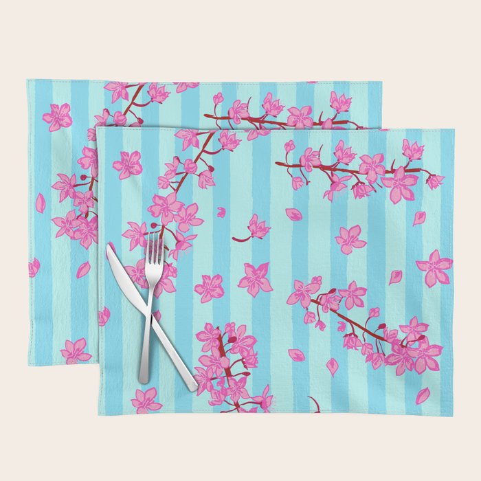 Blue Retro Stripes Sakura Floral Placemat Gallery Image 1