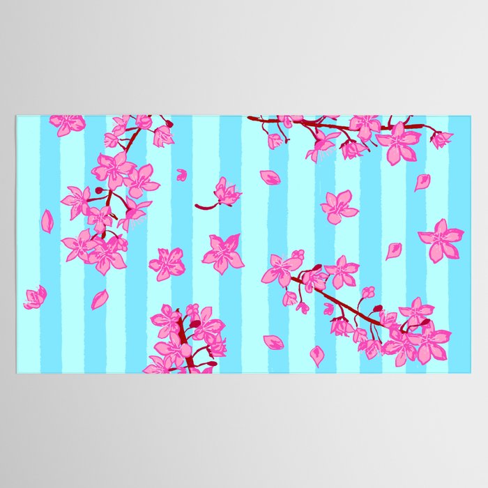 Blue Retro Stripes Sakura Floral Tablecloth Gallery Image 2