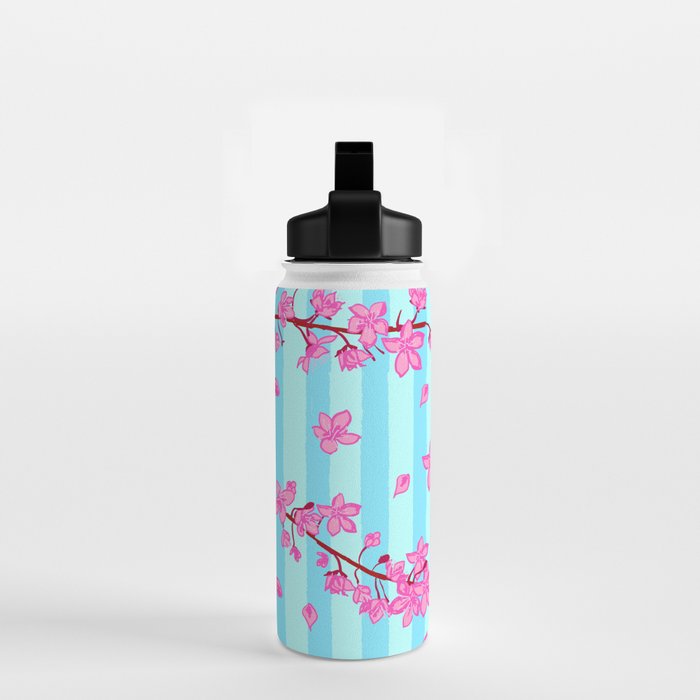 Blue Retro Stripes Sakura Floral Water Bottle Gallery Image 2
