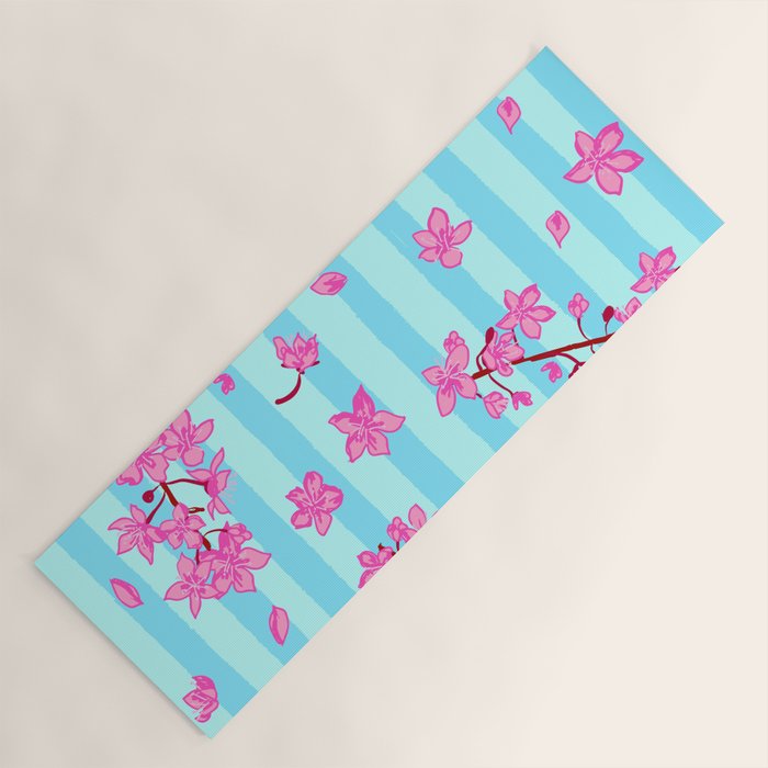 Blue Retro Stripes Sakura Floral Yoga Mat Gallery Image 1