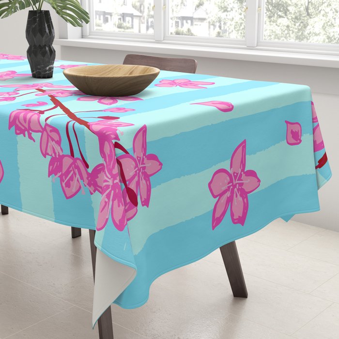 Blue Retro Stripes Sakura Floral Tablecloth Gallery Image 3