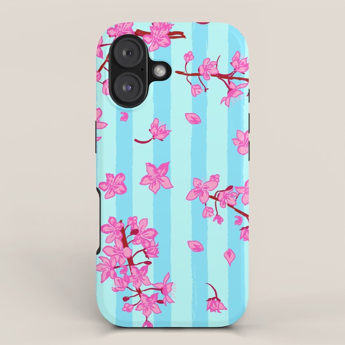 Blue Retro Stripes Sakura Floral iPhone Case Gallery Image 1