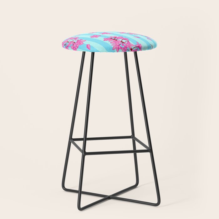 Blue Retro Stripes Sakura Floral Stool Gallery Image 1