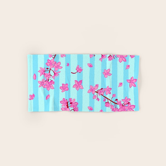 Blue Retro Stripes Sakura Floral Bath Towel Gallery Image 1