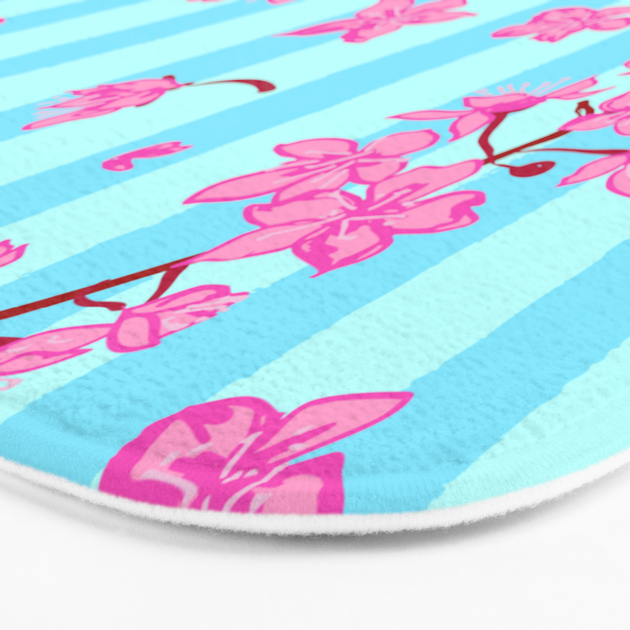 Blue Retro Stripes Sakura Floral Bath Mat Gallery Image 3