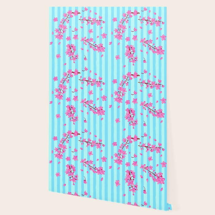 Blue Retro Stripes Sakura Floral Wallpaper Gallery Image 2