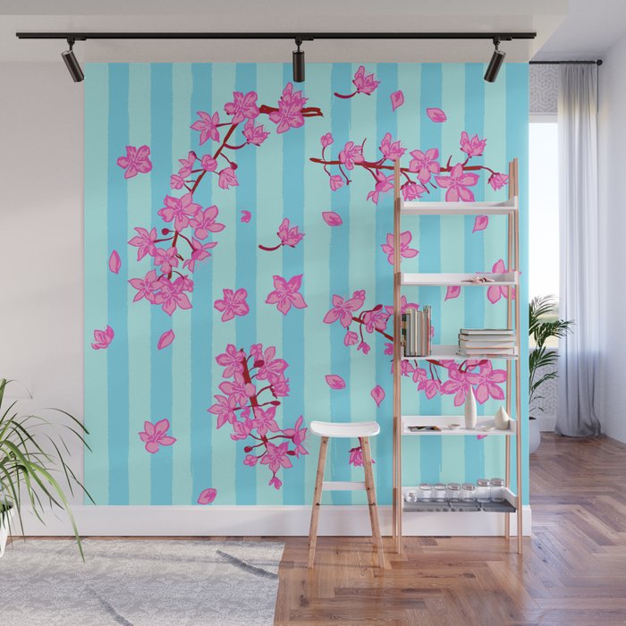 Blue Retro Stripes Sakura Floral Wall Mural Gallery Image 1