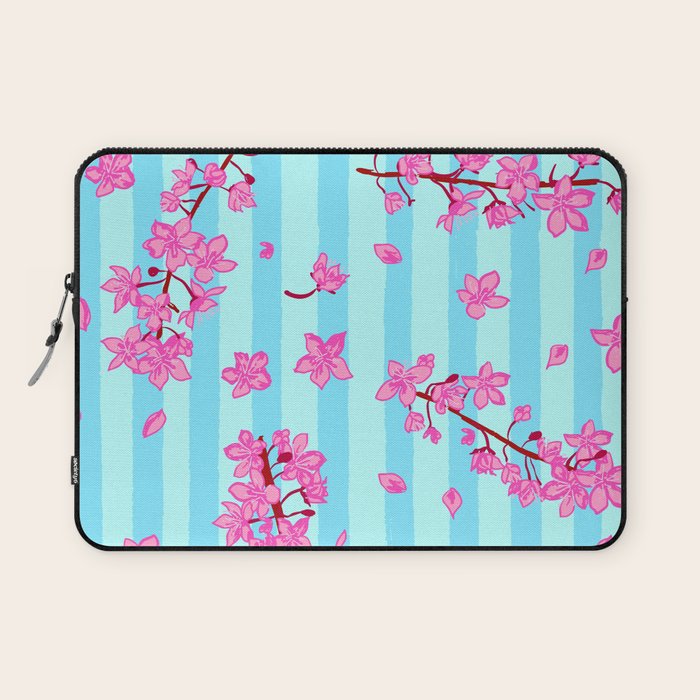 Blue Retro Stripes Sakura Floral Laptop Sleeve Gallery Image 1