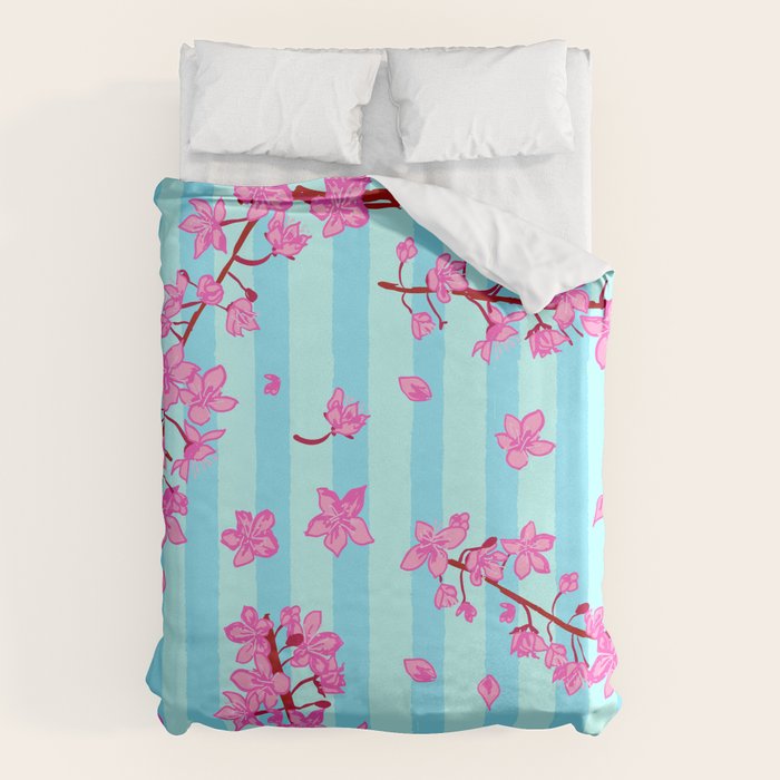 Blue Retro Stripes Sakura Floral Duvet Cover Gallery Image 6
