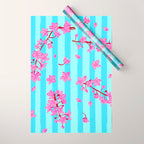 Blue Retro Stripes Sakura Floral Wrapping Paper Gallery Image 1