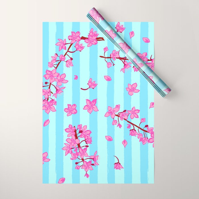 Blue Retro Stripes Sakura Floral Wrapping Paper Gallery Image 1