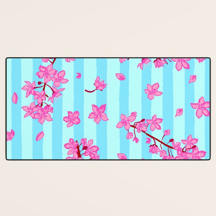 Blue Retro Stripes Sakura Floral Desk Mat Gallery Image 3