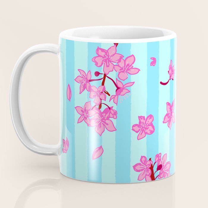 Blue Retro Stripes Sakura Floral Coffee Mug Gallery Image 3