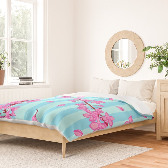 Blue Retro Stripes Sakura Floral Duvet Cover Gallery Image 2