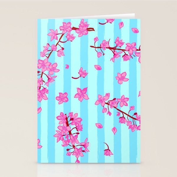 Blue Retro Stripes Sakura Floral Stationery Card Gallery Image 1