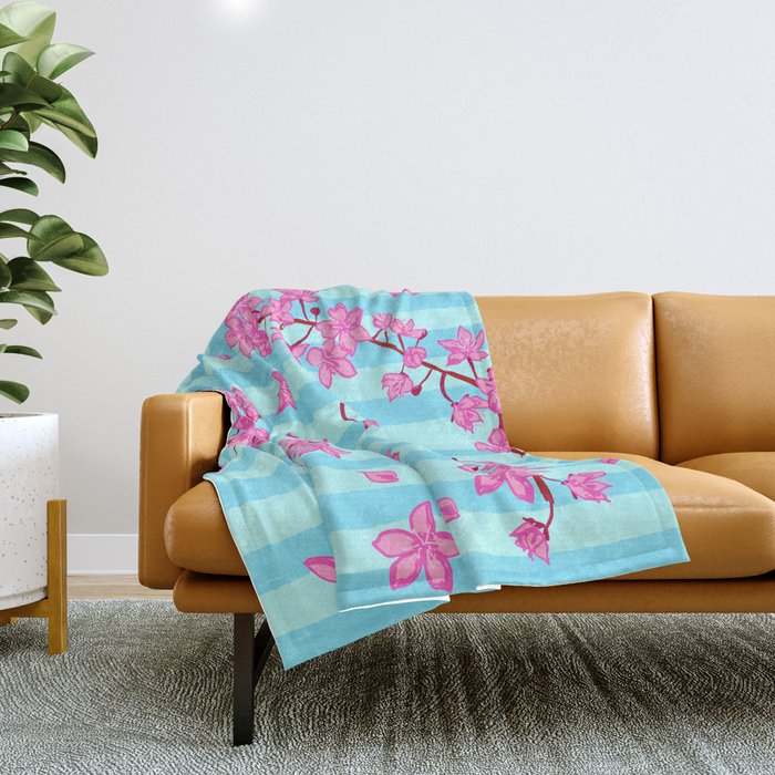 Blue Retro Stripes Sakura Floral Throw Blanket Gallery Image 1