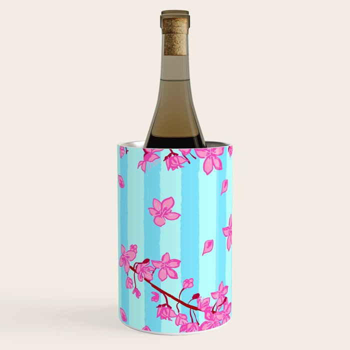 Blue Retro Stripes Sakura Floral Wine Chiller Gallery Image 3