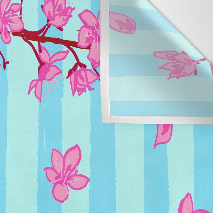 Blue Retro Stripes Sakura Floral Wall Tapestry Gallery Image 3