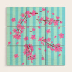 Blue Retro Stripes Sakura Floral Wood Wall Art Gallery Image 1