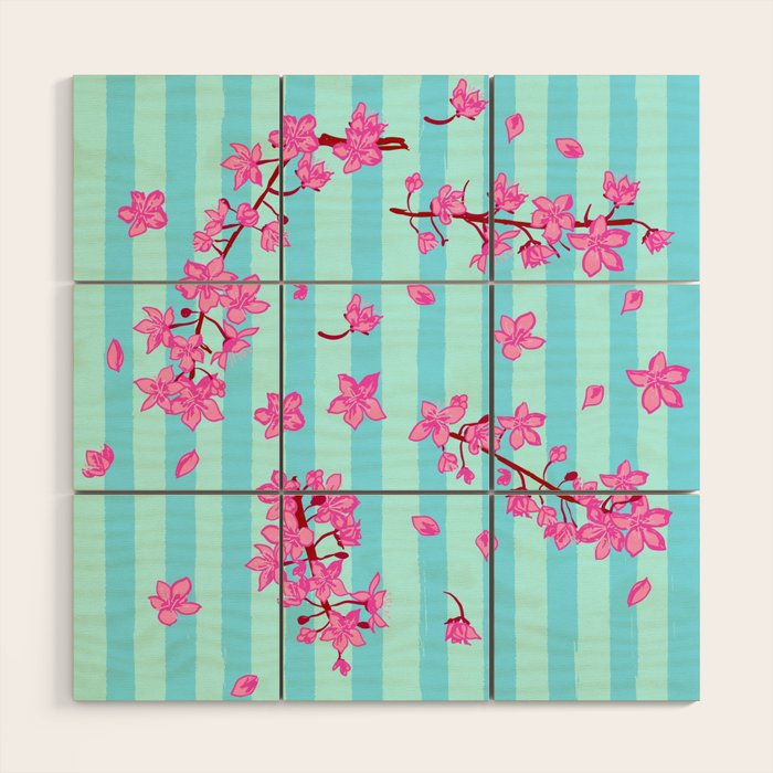 Blue Retro Stripes Sakura Floral Wood Wall Art Gallery Image 1