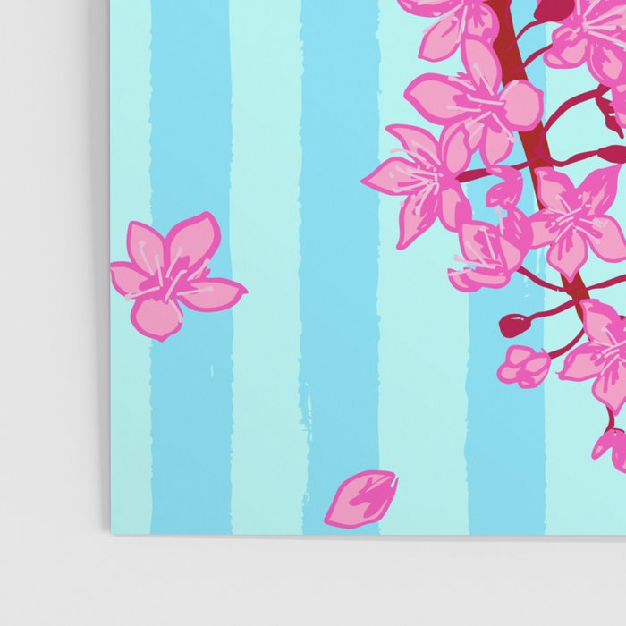 Blue Retro Stripes Sakura Floral Poster Gallery Image 3