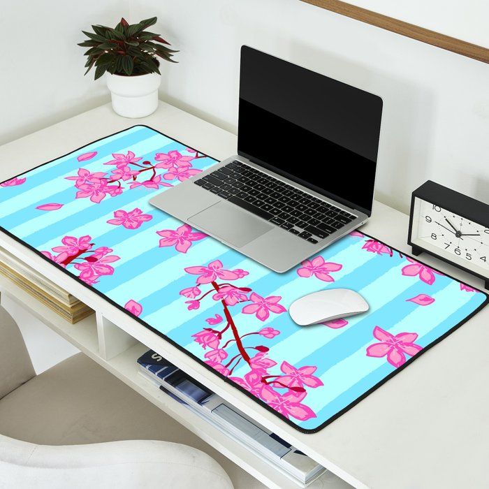 Blue Retro Stripes Sakura Floral Desk Mat Gallery Image 2