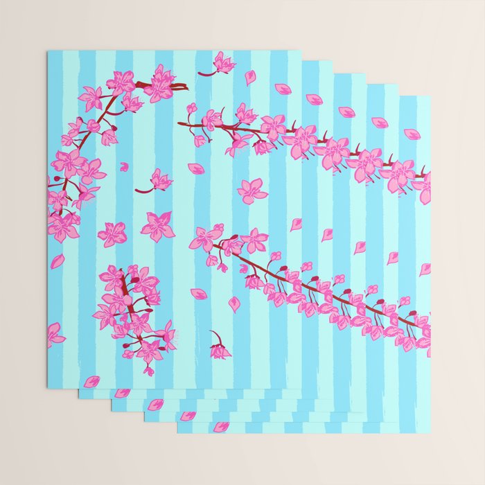 Blue Retro Stripes Sakura Floral Wrapping Paper Gallery Image 3