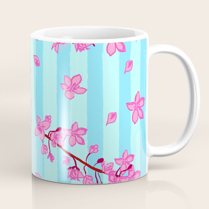 Blue Retro Stripes Sakura Floral Coffee Mug Gallery Image 1