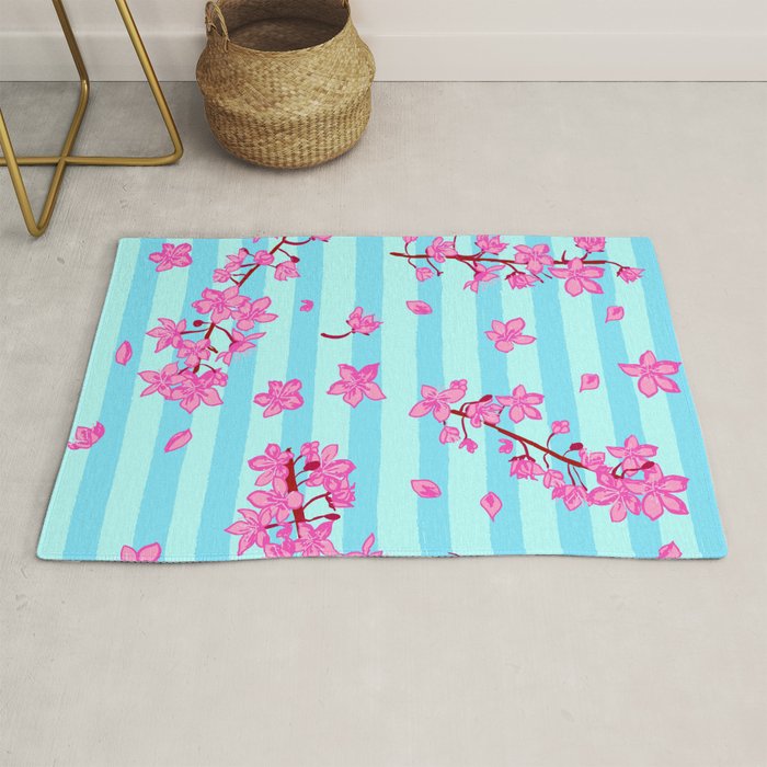 Blue Retro Stripes Sakura Floral Rug Gallery Image 1