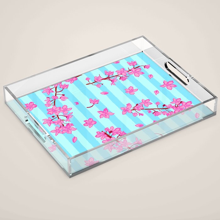 Blue Retro Stripes Sakura Floral Acrylic Tray Gallery Image 1