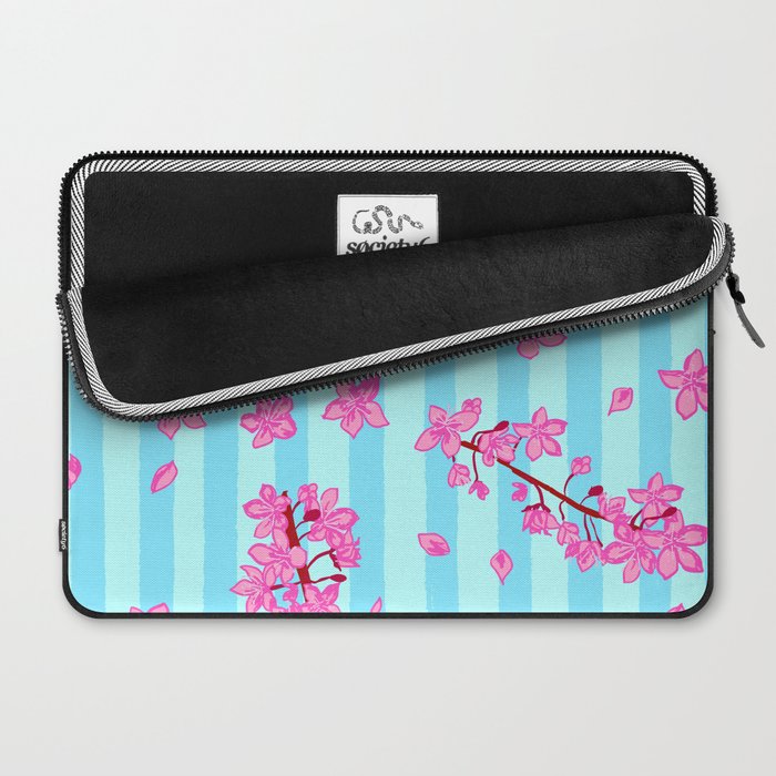 Blue Retro Stripes Sakura Floral Laptop Sleeve Gallery Image 2