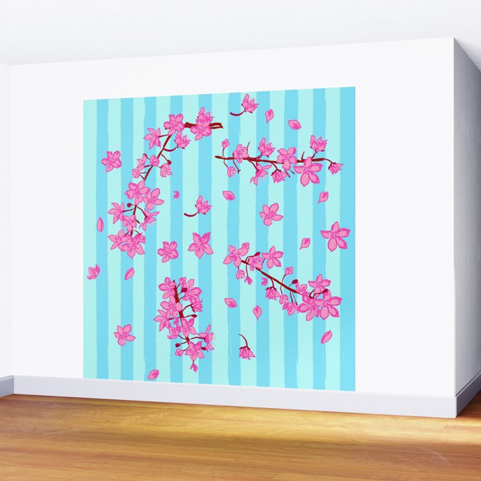 Blue Retro Stripes Sakura Floral Wall Mural Gallery Image 2