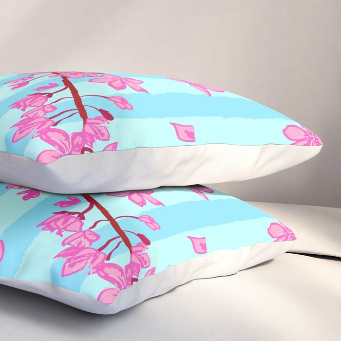 Blue Retro Stripes Sakura Floral Pillow Sham Gallery Image 3