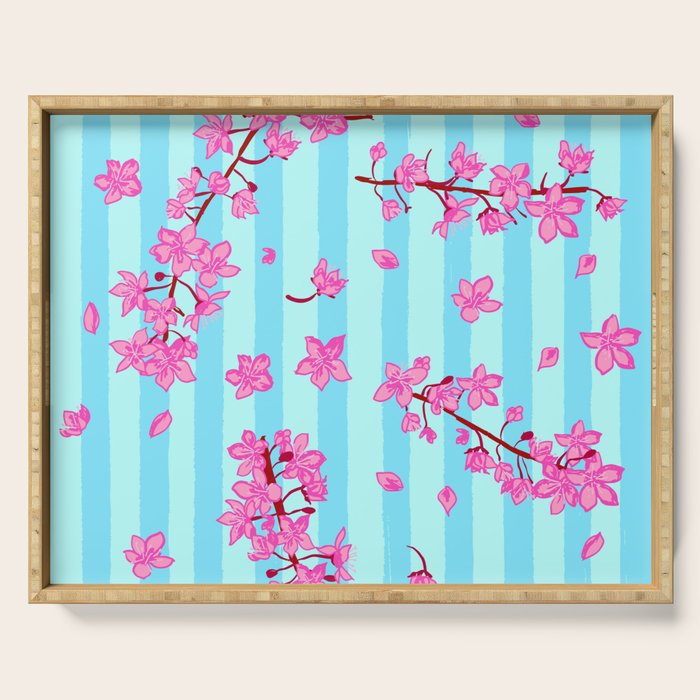 Blue Retro Stripes Sakura Floral Serving Tray Gallery Image 1