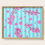 Blue Retro Stripes Sakura Floral Serving Tray Gallery Image 1