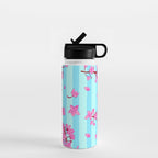 Blue Retro Stripes Sakura Floral Water Bottle Gallery Image 1