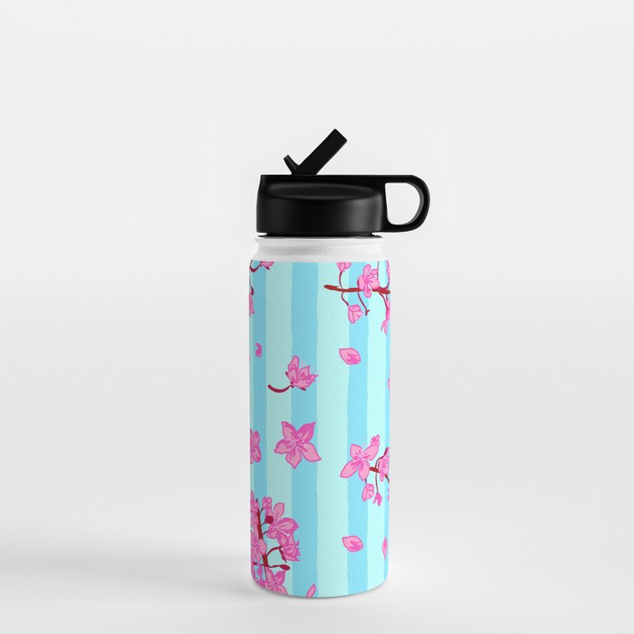 Blue Retro Stripes Sakura Floral Water Bottle Gallery Image 1