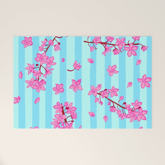 Blue Retro Stripes Sakura Floral Welcome Mat Gallery Image 1